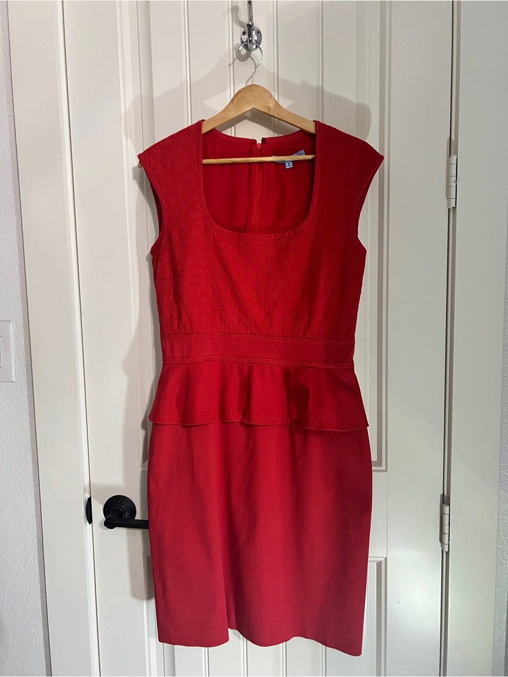 ANTONIO MELANI Embroidered Peplum Sheath Cocktail Dress, Size 8, Red